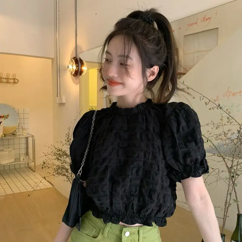 Folds Shirts and Blouses Korea Ruffles Fashion Woman Blouse 2024 Short Sleeve Ladies Top Female O-neck Casual Clothes 2024 New