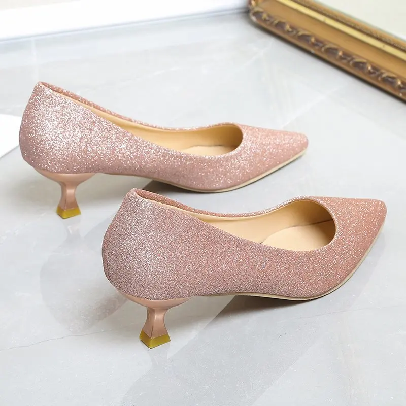 2025 New Zapatos De Mujer Women Fashion Light Weight Spring Slip on Pink Golden Stiletto Heels Lady Silver Comfort Pumps