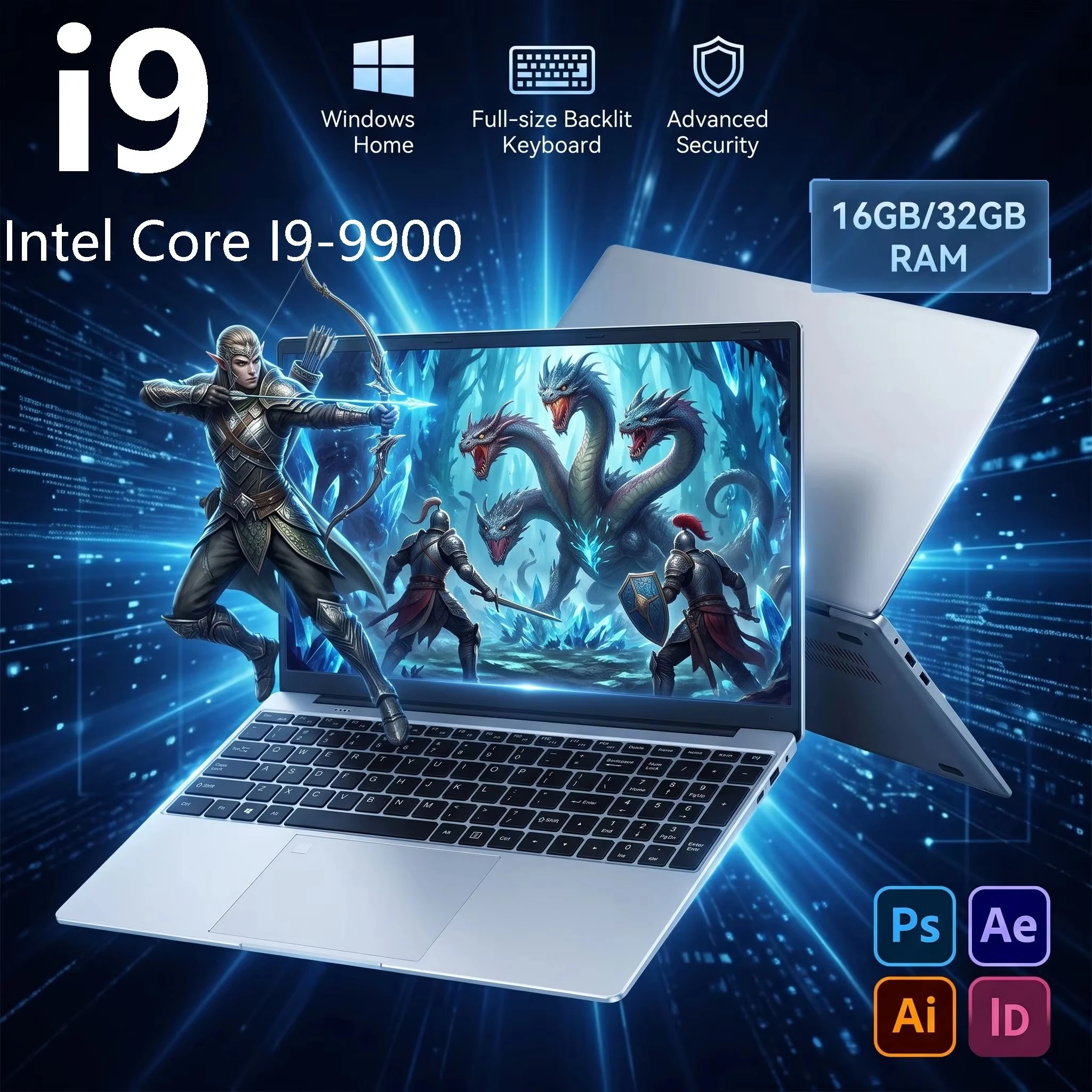 Notebook de 15,6 polegadas com Windows 11, processador Intel Core i9-9900, 16 GB de RAM, SSD de 2 TB, ideal para escritório, jogos e estudo.
