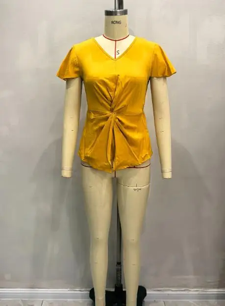 

Female Casual Versatile Tops Temperament Commuting Women's New V-Neck Twisted Waist Flying Sleeve Top Solid Elegant T-Shirt