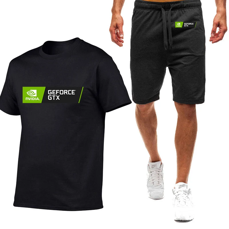 2025 Summer Men's NVIDIA Logo Print Personality Short Sleeve Suit Popular Round Neck T-Shirt+Elastic Waist Sweatpants Cotton Set