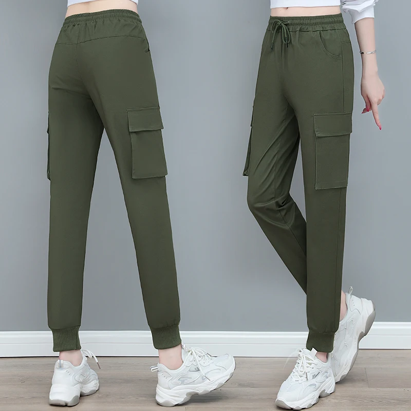 

New Spring And Autumn Sports Work Pants For Women'S Casual Fashion High Waist Slim Look Multiple Pockets 9-Point Trousers