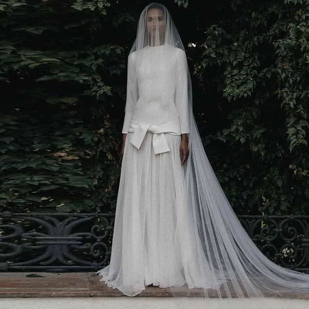 Church Wedding Dresses Jersey and Tulle A-line Hall Wedding Dresses Ivory O-Neck Ruched Splicing Tailing Wedding Dresses Women
