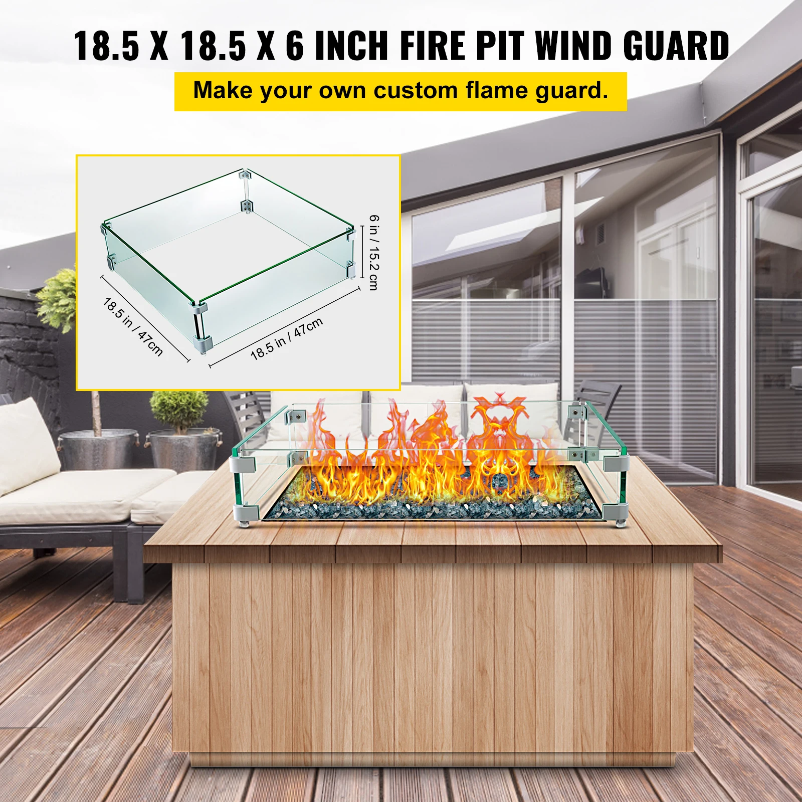 VEVOR Square Flame Guard Wind Guard Glass Fire Wind Guard Fence with Thickness Clear Tempered Glass for Propane Gas Fire Pit Pan