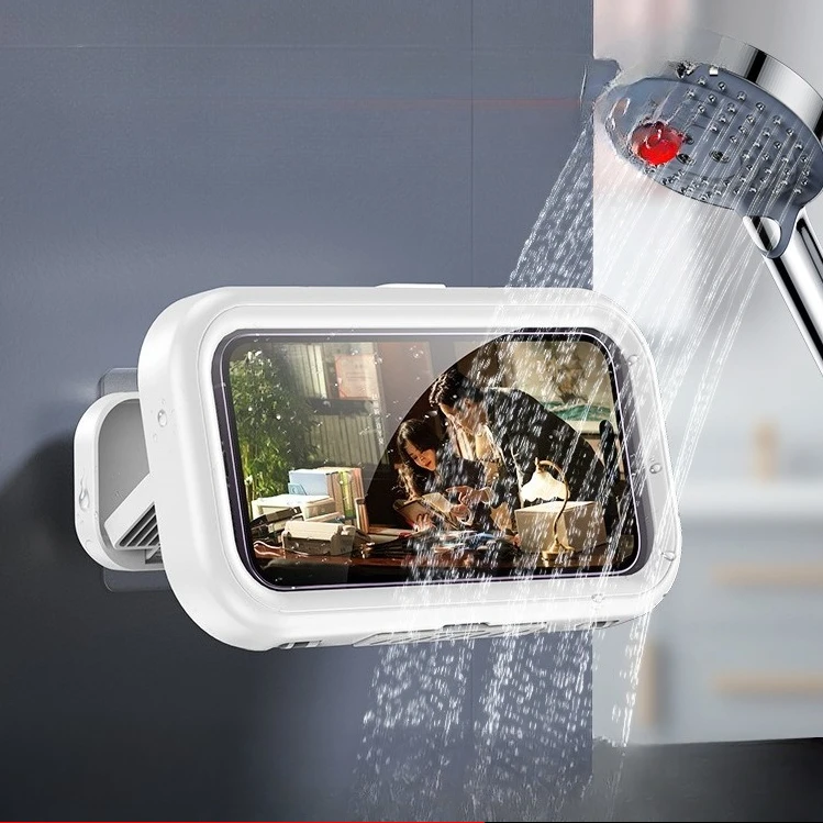 

Telescopic Bathroom Phone Waterproof Storage Box Rotatable Touch Screen Adhesive Type No Punching Bathroom Shelf