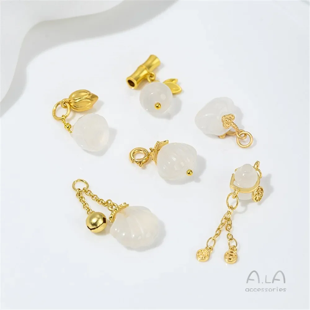 Natural White Agate Chalcedony Pendant, Gourd Lotus Pod Scallop Cat Paw Butterfly Bell Charms for DIY Jade Jewelry Making