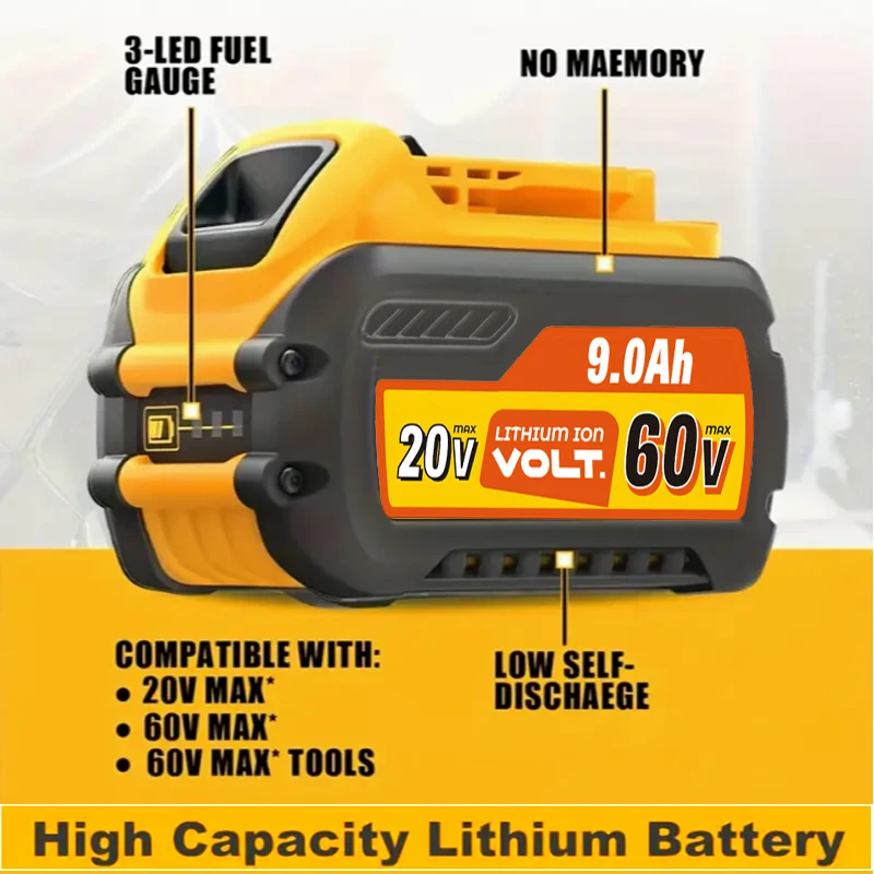 

DCB609 20V/60V 9.0Ah Rechargeable Power Tool Battery - Replacement for Dewalt DCB609, DCB205, DCB206
