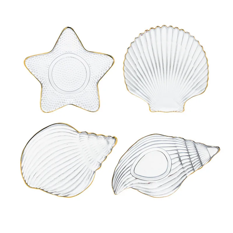 Clear Gold Rim Electroplated Blue Sea Features Snail Starfish Scallop Shape Transparent Rainbow Crystal Glass Dish Plate Saucer