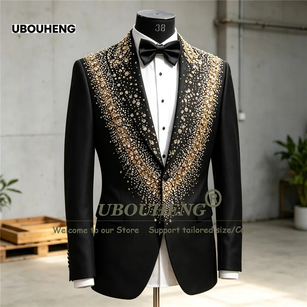 Man Tuxedo Suit For Wedding Luxury Diamond Beading Prom Blazer Pants Plus Size Groom Dinner Party Attire Customized 2 Piece Set