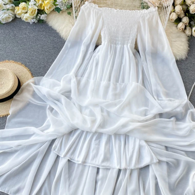 Neue Frühling Herbst Frauen elegante Urlaubs kleider Puff ärmel Slash Neck Off Shoulder Smoked weiße Chiffon Kleider