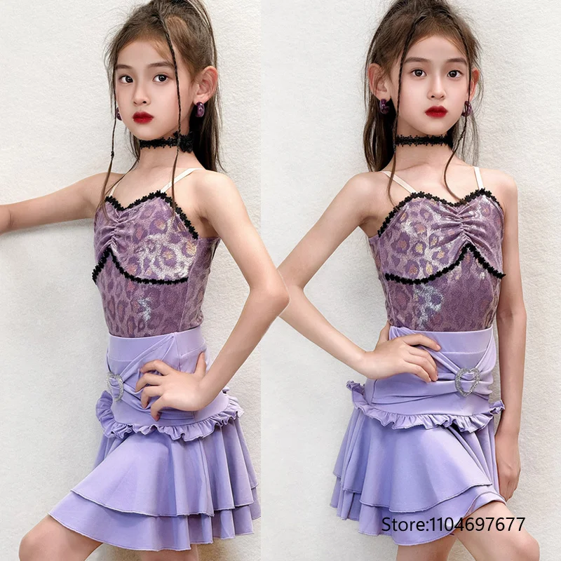 

2026 Fashion Girls Latin Dance Performance Costumes Kids Chacha Latin Dance Dresses Purple Leopard Latin Dance Clothes