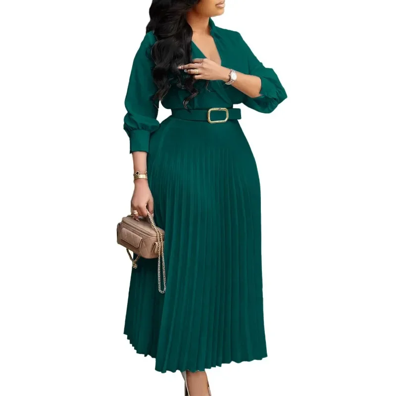 

Customized African Dresses for Women Spring Summer Elegant African 3/4 Sleeve V-neck Polyester Pleat Long Dress Dashiki African