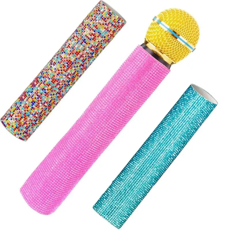 okrinos Housse de microphone sans fil ornée de strass, manchon de micro sans fil rose, bleu, coloré pour discothèque, scène, fête, émission télévisée 3