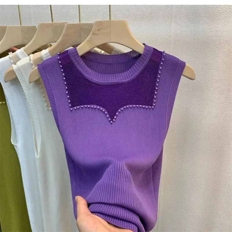 

2026 New Slim Ice Silk Women Sweater Pullover Summer Sleeveless Temperament Knitted Thin Jumper Knitwear Ladies Tops Clothing