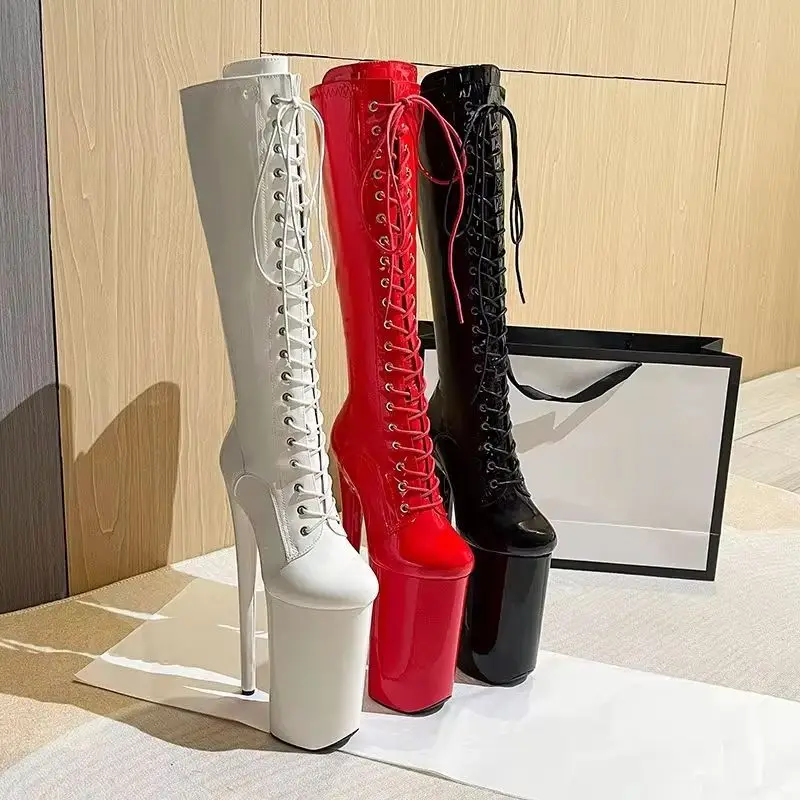 2026 Women's Pumps and Heels Women's Sandals Patent Lace Up Knee High Platform Stiletto Boots Club Pole Dance Stage Party Ladies