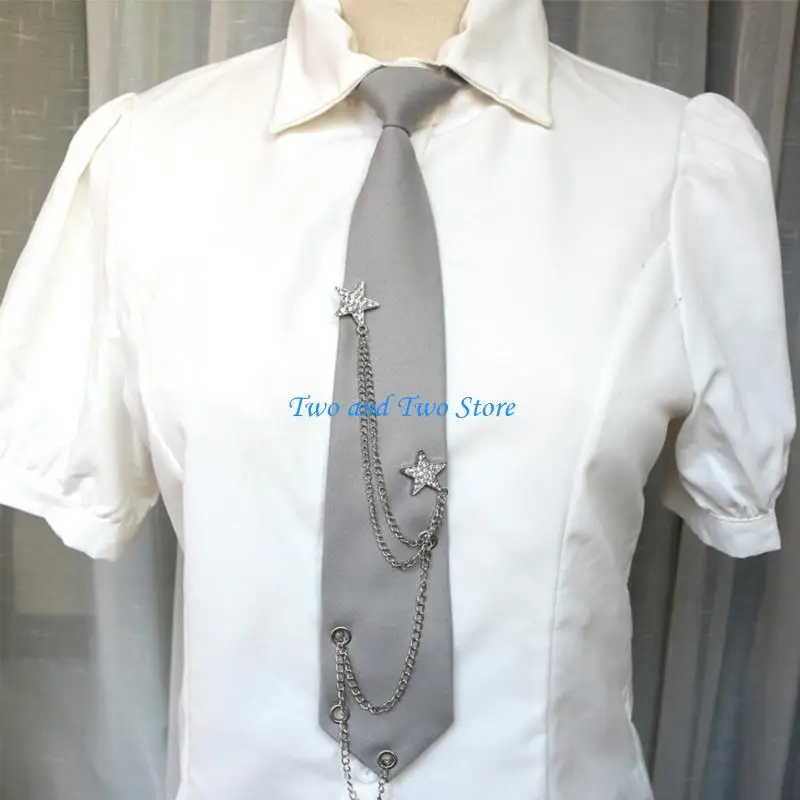 HX6F Uniform Ties School Girls Metal Chain Bowtie Necktie Cosplay Pre-tied Punk Tie