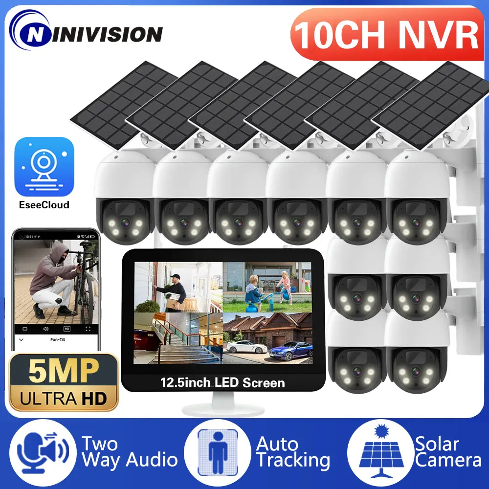 

10CH 5MP WIFI Solar PTZ IP Camera System 12.5" LCD Screen Monitor NVR Kit Auto Tracking Wireless CCTV Camera Video Surveillance