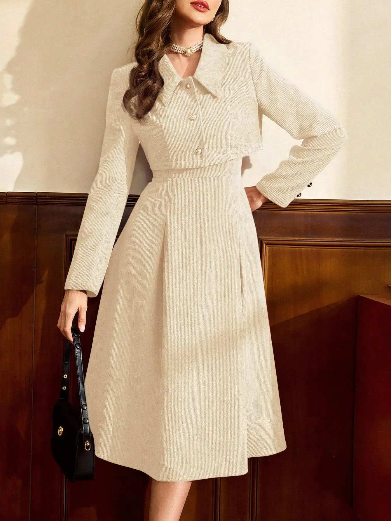 Cream Corduroy 2-Piece Set: Square Collar Cropped Jacket & A-Line Midi Dress with Faux Pearl Buttons