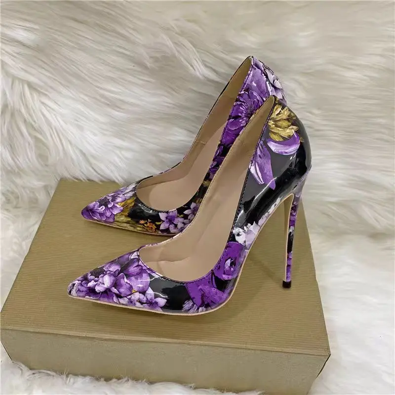 

Purple Flower Pattern Slip On Pumps Pointed Toe Cut Out Fashion Sexy Cool 2024 Summer Big Size Woman Shoes Zapatillas Mujer