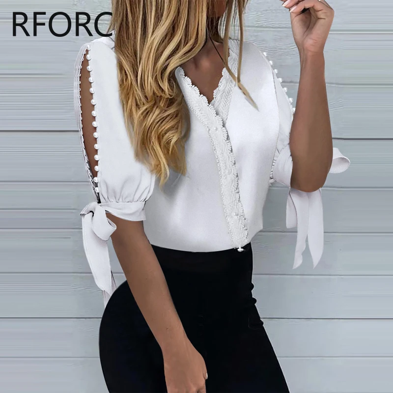 2023 Women Half Long Sleeves Lace Hem Beading Decoration Hollow Out White Blouse Shirt Top