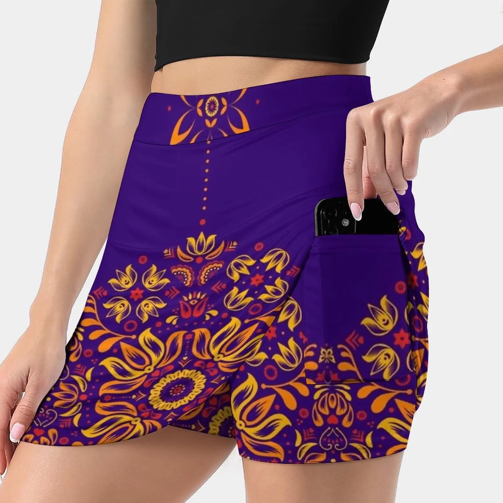 

Fiery Floral Folk Pattern Women's skirt With Hide Pocket Tennis Skirt Golf Skirts Badminton Skirts Running skirts Folk Floral