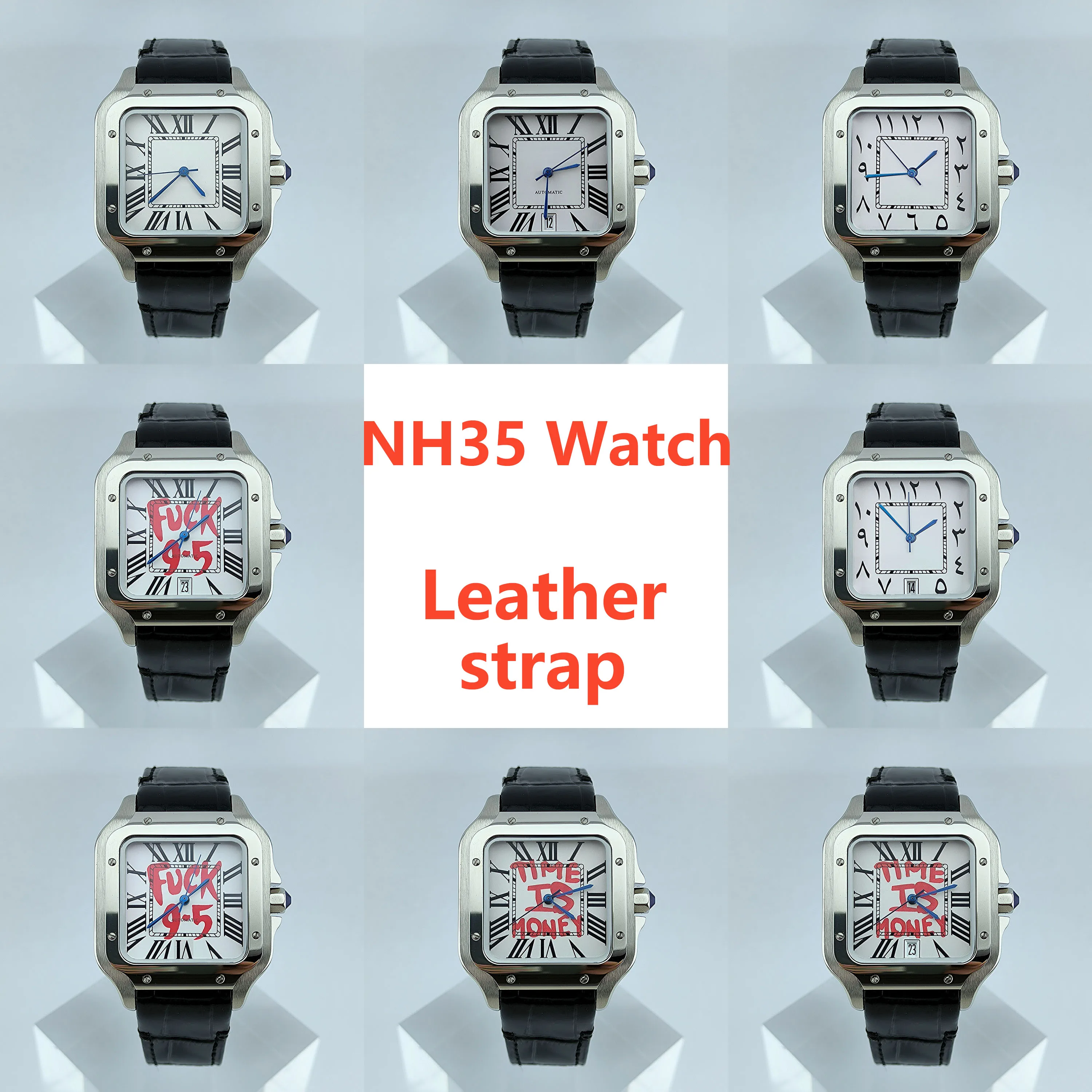 

NH35 Watch No logo dial Leather strap Square Dial Roma/Arabic Dial Folding Buckle Square Case fit NH35 movement Watch