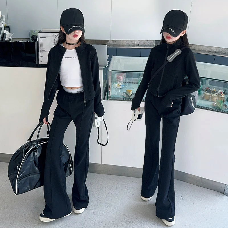 

spring teenage girl sports clothes suit Slim fit short jacket+Flared trousers 2pcs junior kid tracksuits child pants set outfits