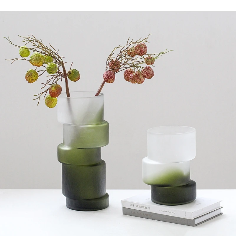 Glass Vase Geometric Misalignment Matte Gradient Green Bamboo Joint Glass Vase Hydroponics Terrarium Home Decoration Accessories