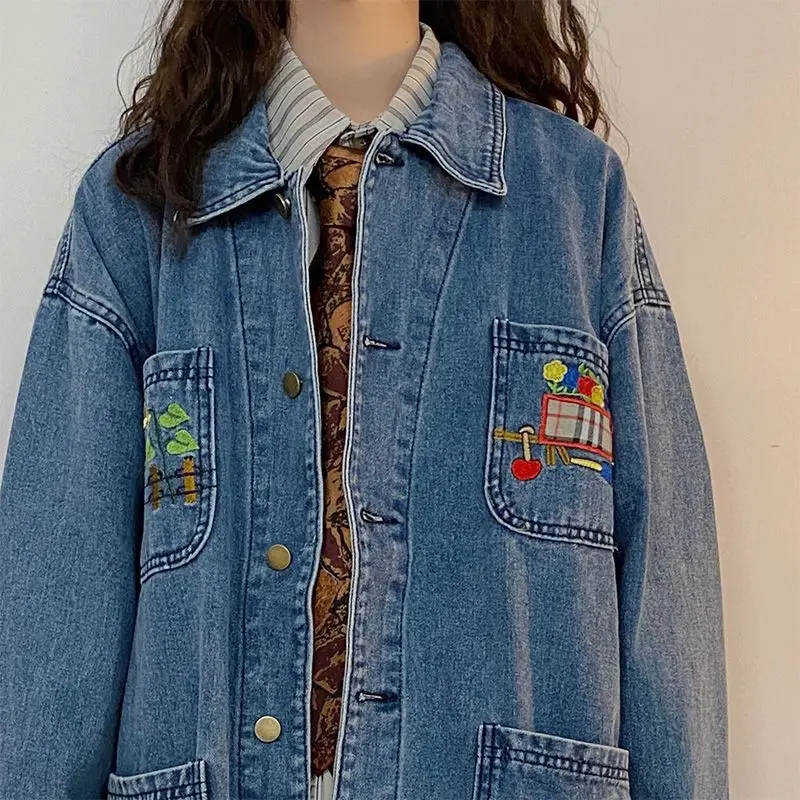 American Vintage High Street Flower Embroidery Denim Jacket Women Loose Harajuku Style Couple Trendy Blue Jeans Jackets Outwear