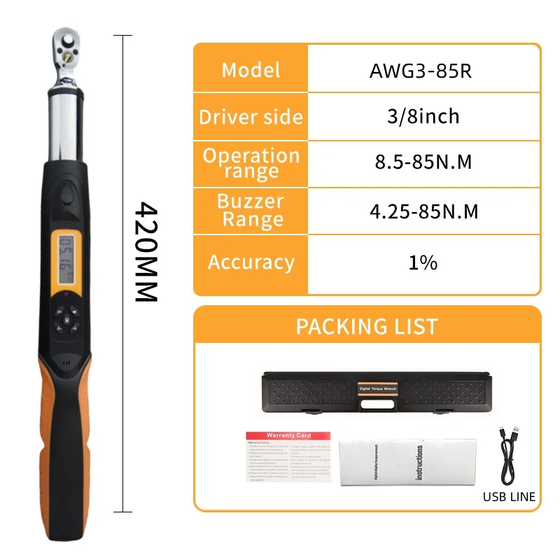 

85N.m 3/8 Digital Torque Wrench AWG3-085R BidirectionalRatchetHead 36TeethConnect With Computer 2% Bicycle Car Repair HandTools