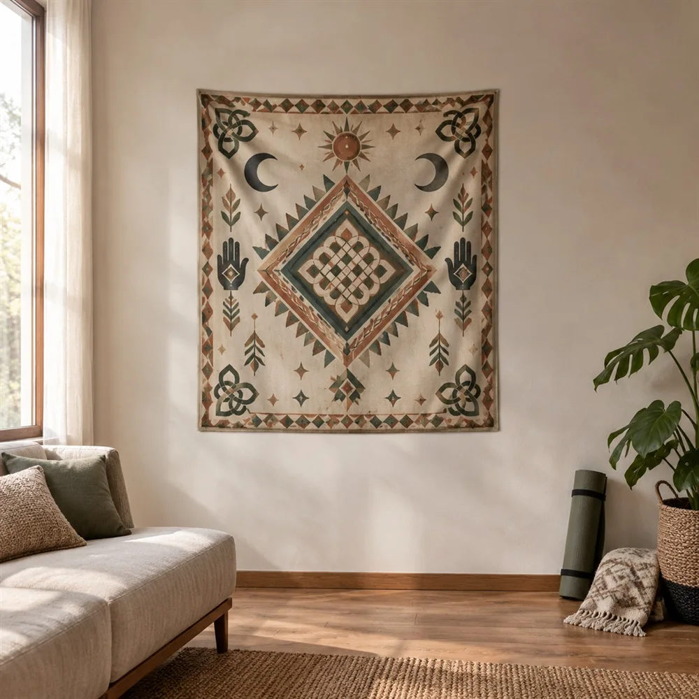 VIKAMA Macrame Knot Pattern Center Panel Tapestry Wall Hanging, Bohemian Wall Art Tapestries for Bedroom Living Room Study Dorm