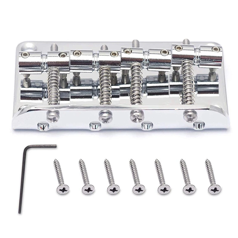 Hard Tail Fixed Bass Guitar Bridge Compatible With 4 String Jazz Bass Or Precision Bass Style Bass Guitar Top Load Chrome