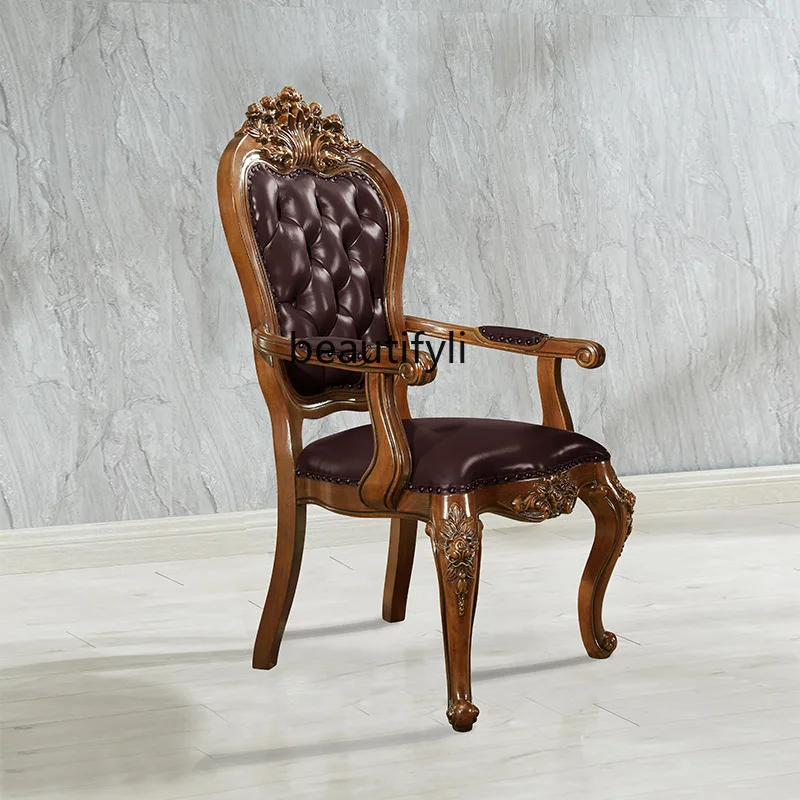 

American solid wood soft bag leather dining chair armrest carved chair light luxury backrest living room chair