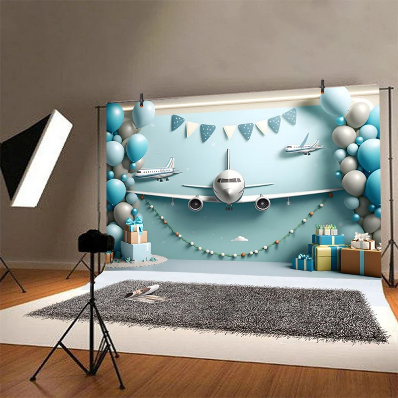 Plane Background for Photography Airplane Birthday Party Decorations Blue 1 Year Old Baby Boy Photozone Portrait Photo Backdrop