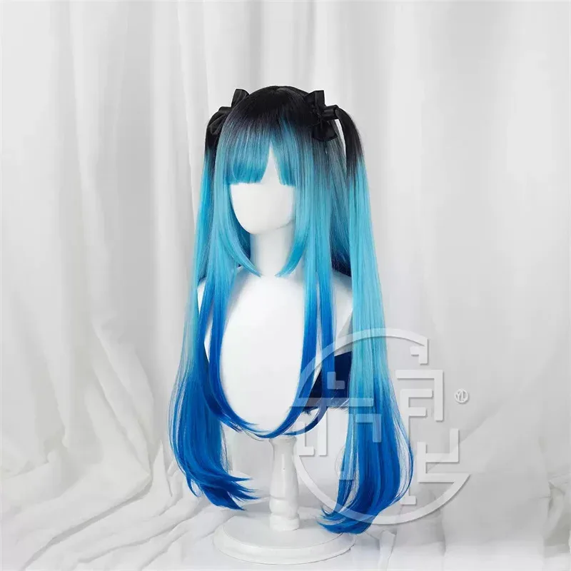المائة خط دارومي Amemiya شعر مستعار تأثيري طويل أزرق أسود مزدوج ذيل حصان الشعر آخر الدفاع أكاديمية حفلة الهالوين للنساء