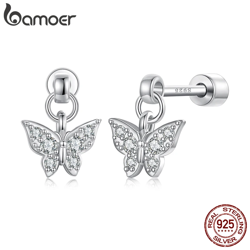 

Серьги-гвоздики BAMOER из стерлингового серебра 925 пробы с бабочкой и завинчивающимися спинками, мини-серьги-крестики с цирконами, гипоаллергенные для женщин