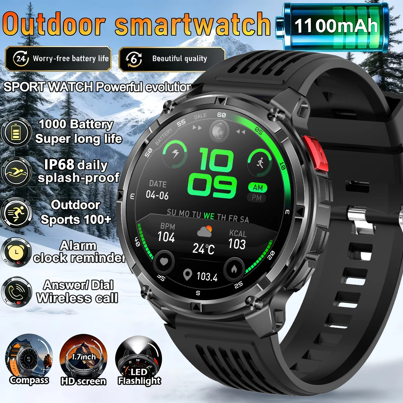 2026 latest 1.7 -inch high-definition screen LED flashlight outdoors compass health monitor with 1100 mah battery smart watches