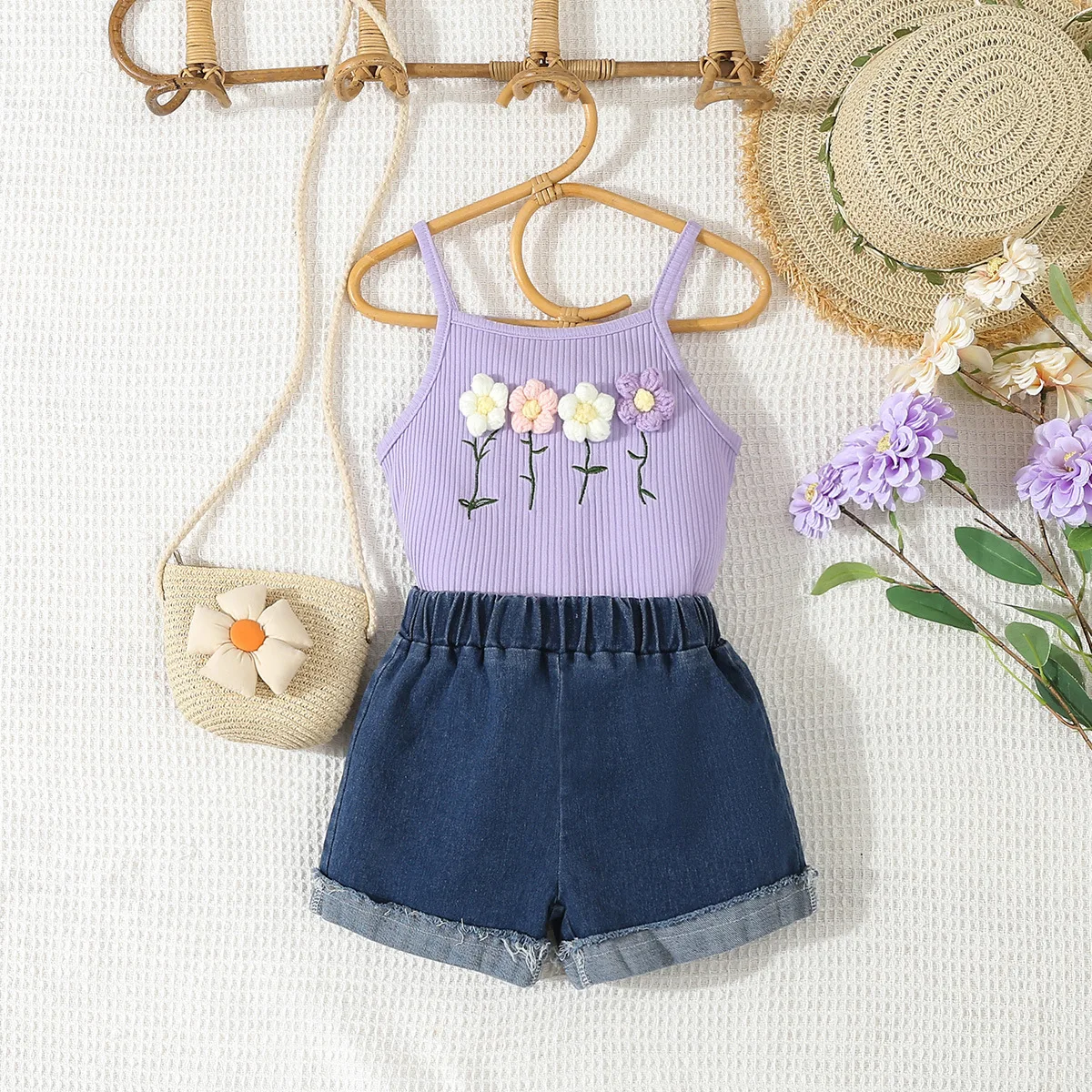 2024 Summer Child Clothes Sets Sleeveless Flowers Purple Tops Denim Shorts 2 Piece Sets Designer Girls Clothes Sets 2-7T