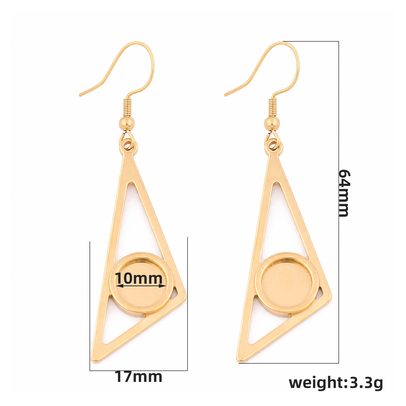 6pcs Stainless Steel Triangle Frame Earring Base Blanks Gold Plated Fit 10mm Cabochon Earrings Bezel Settings Diy Hooks Findings
