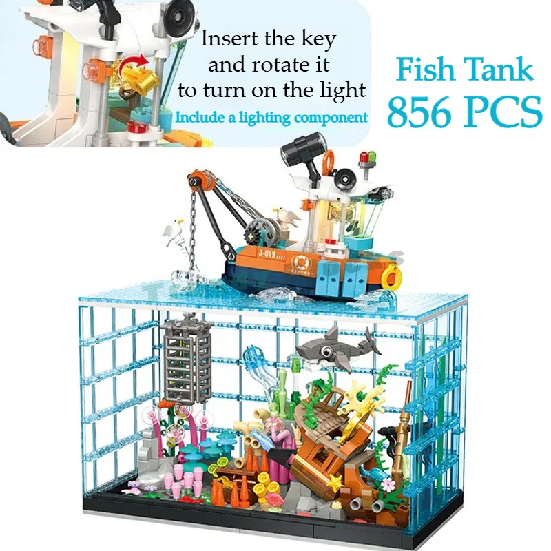 

856PCS Diving Explore Fish Tank Building Blocks,Wonderful Underwater World LED Decor,Bricks Toys Boy Girl Holiday Birthday Gifts