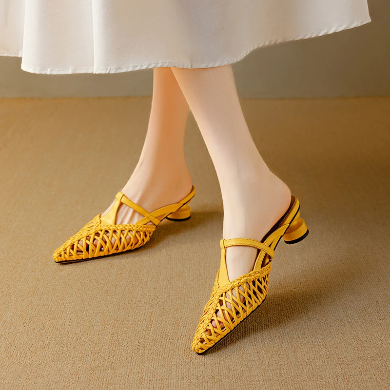 2026 new spring autumn women mules natural leather 22-25cm weave cowhide+sheepskin+pigskin pointed toe women sandals women shoes