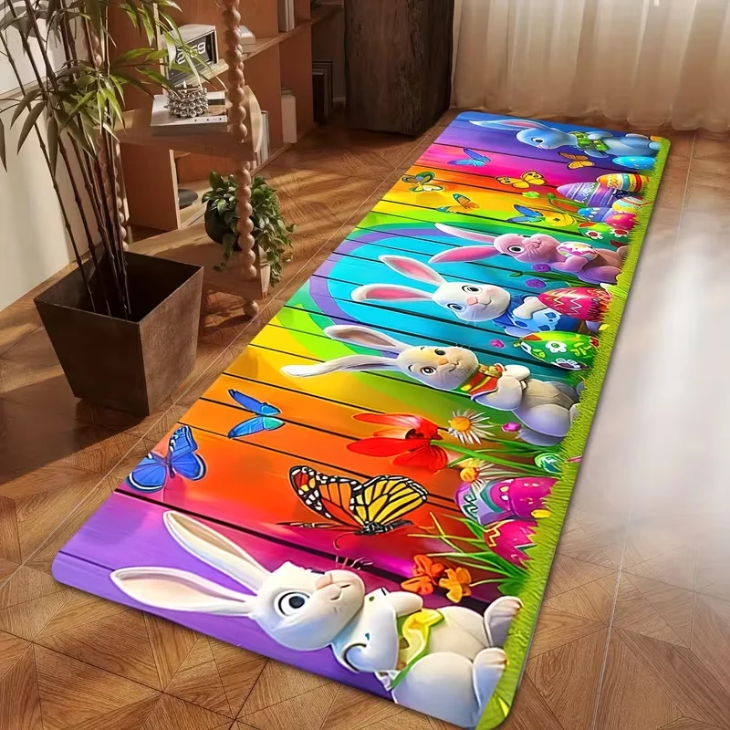 Spring Easter Colorful Wood Grain Rabbit Runner Carpet Anti Slip Suitable for Corridor Living Room Kitchen Aesthetic Decoration