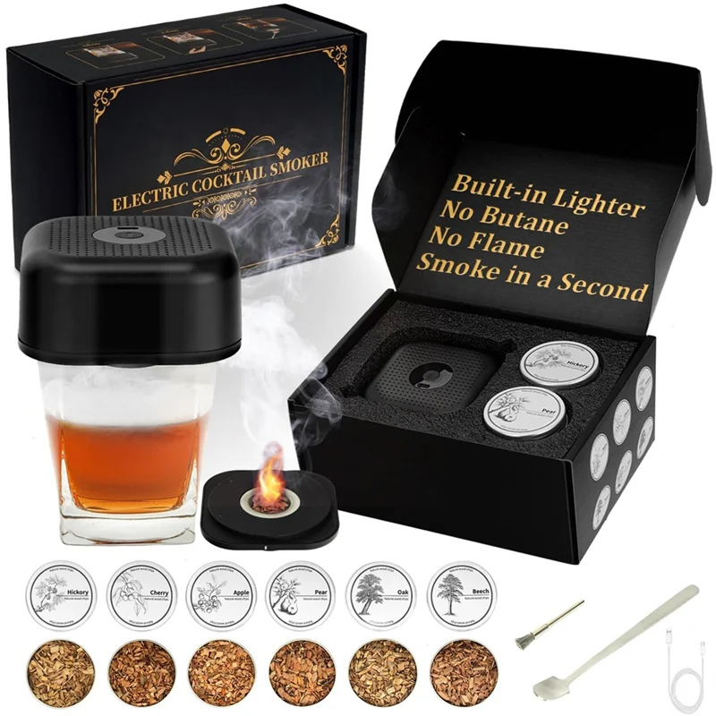

AA01-Cocktail Smoker Kit Electric Whiskey Smoker Kit Built-In Lighter, Rechargeable With 6 Wood Chips, For Men, Dad Husband