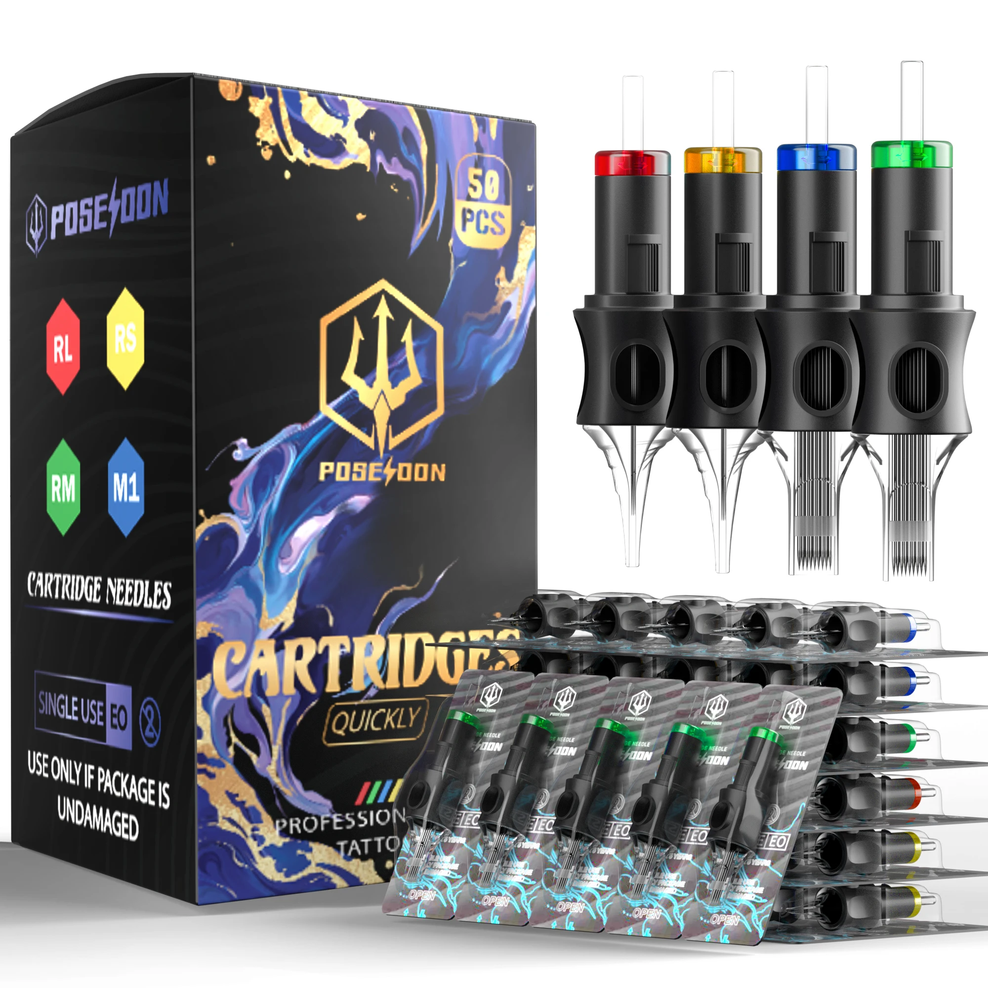 POSEIDON V5 Tattoo Needle Kit 50Pcs Mixed Tattoo Cartridge Needle Disposable Safty Permanent Makeup Tattoo Needles Kit