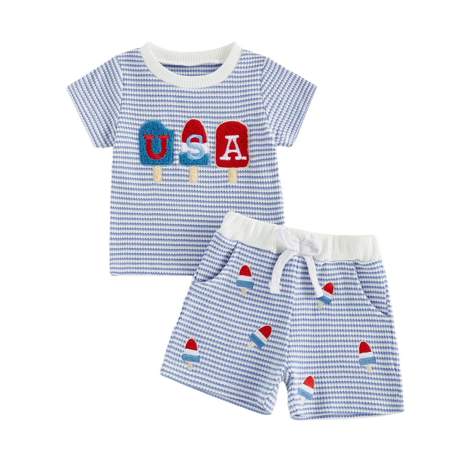 Toddler Boy Baby Outfit Independence Day Short Sleeve Letters Popsicle Embroidery Striped Tops Elastic Waist Shorts