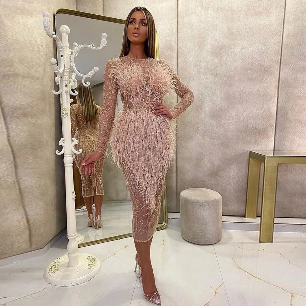 Chic Feathers Evening Dresses Fashion Sheath Tea Length Prom Party Dress Elegant O-Neck Full Sleeves Tassel Beading Formal Gowns