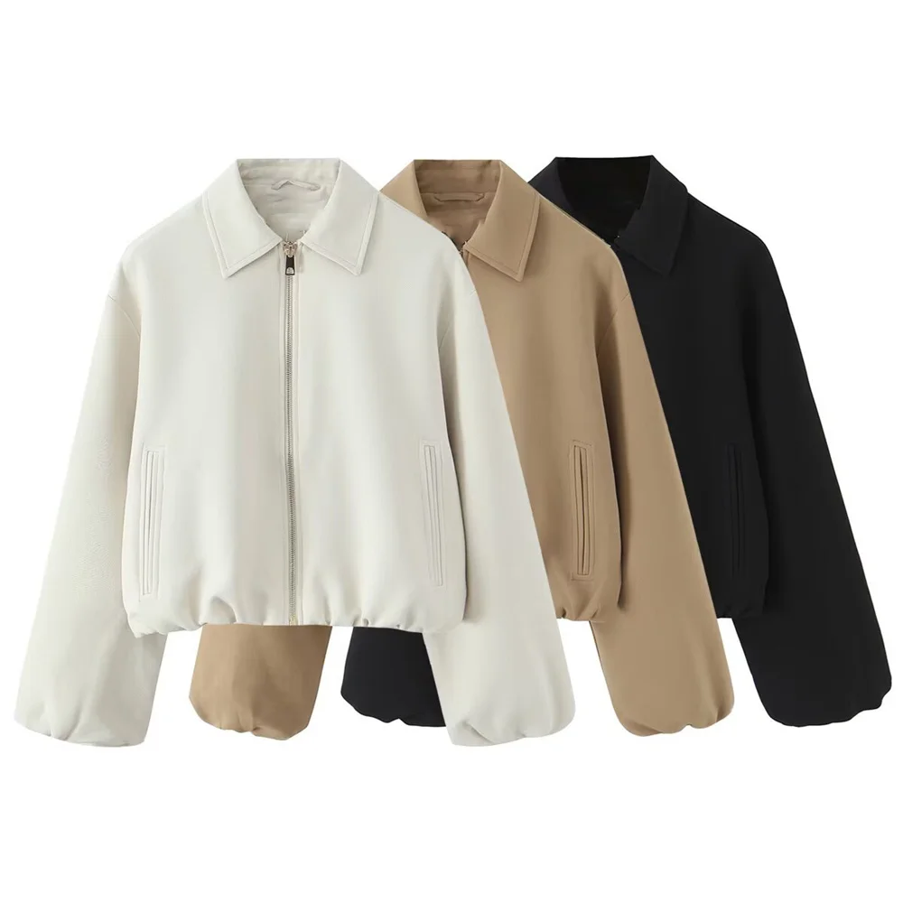 

Zach Ailsa Women's Autumn New Casual Versatile Solid Color Collar Long Sleeve Loose Zipper Puff Jacket Coat