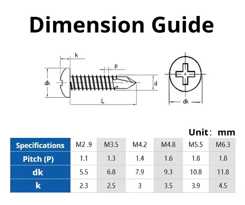 Black 410 Stainless Steel M3.5 M3.9 M4.2 M4.8 M5.5 M6.3 Cross Round Head Self-Drilling Screw Tapping Screws