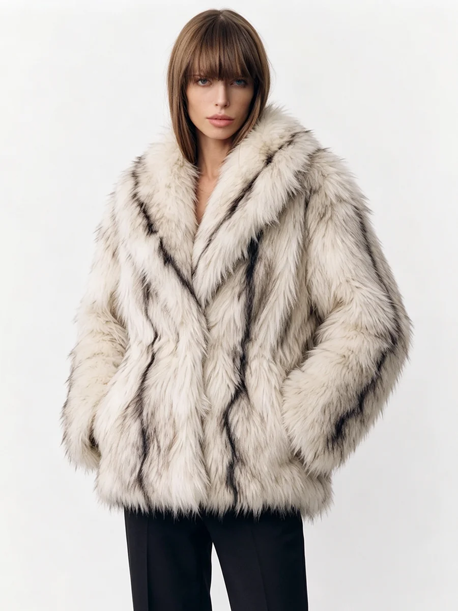 PUAL  Women Short Faux Fur Coat, Big Lapel Collar Drawstring Waist Warm Loose Winter Fluffy Outerwear