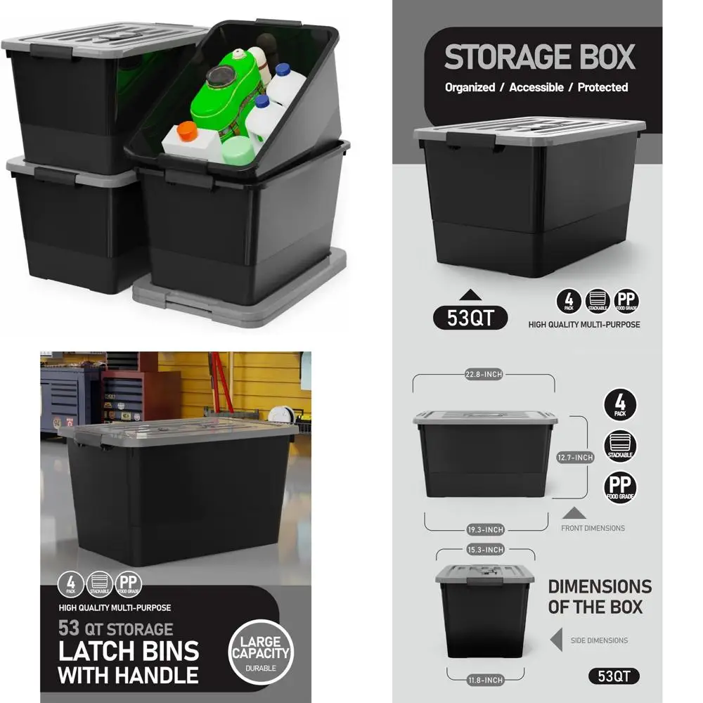 صناديق تخزين بلاستيكية قابلة للتكديس بسعة 53 لترًا، 4 عبوات من الحاويات السوداء مع أبازيم ومقابض للإغلاق، متينة للتنظيم